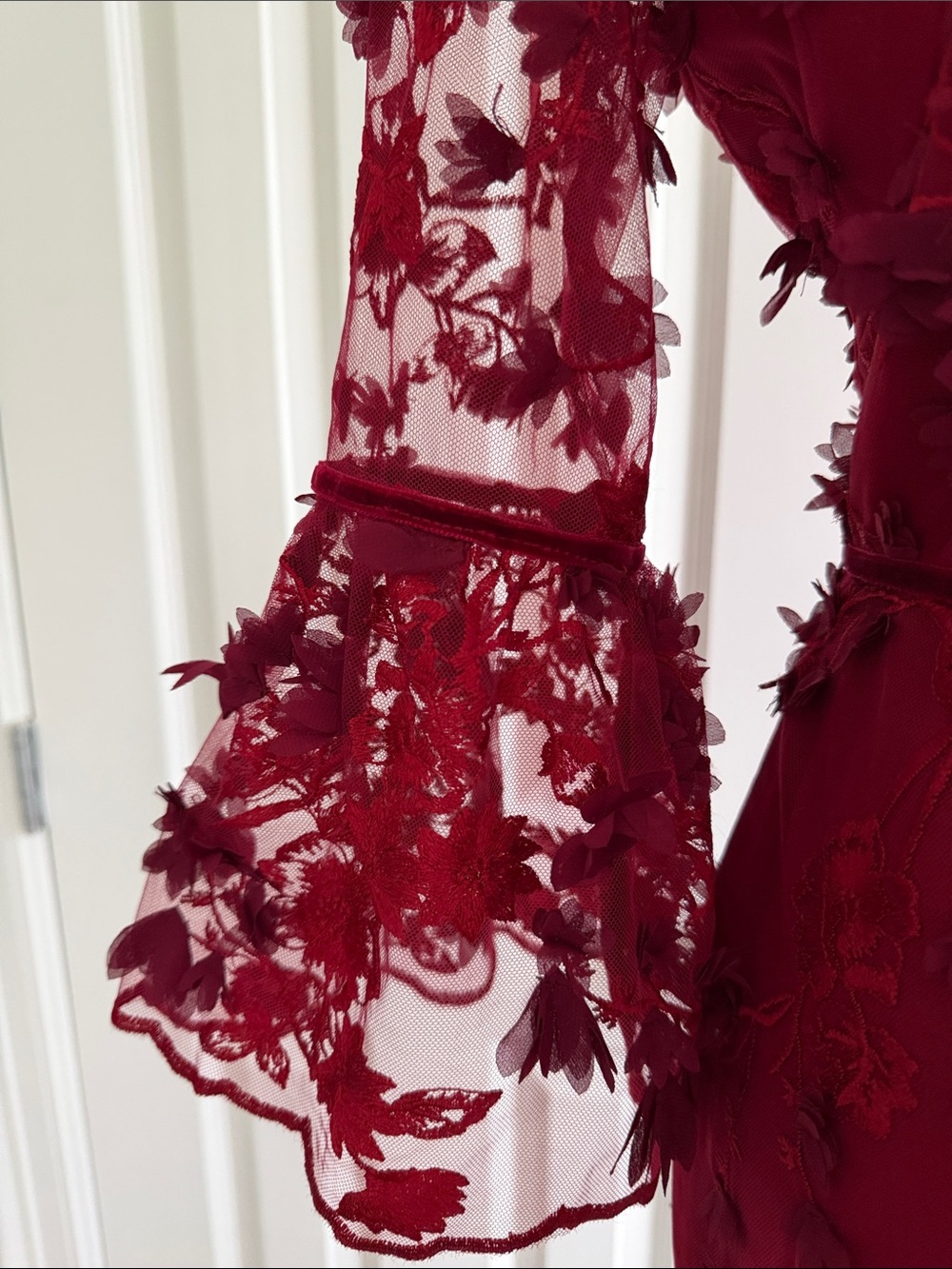 Marchesa Notte Red Lace Midi Dress 3d Floral Appliqué Mesh Wedding Guest Size 10 - Picture 5 of 17